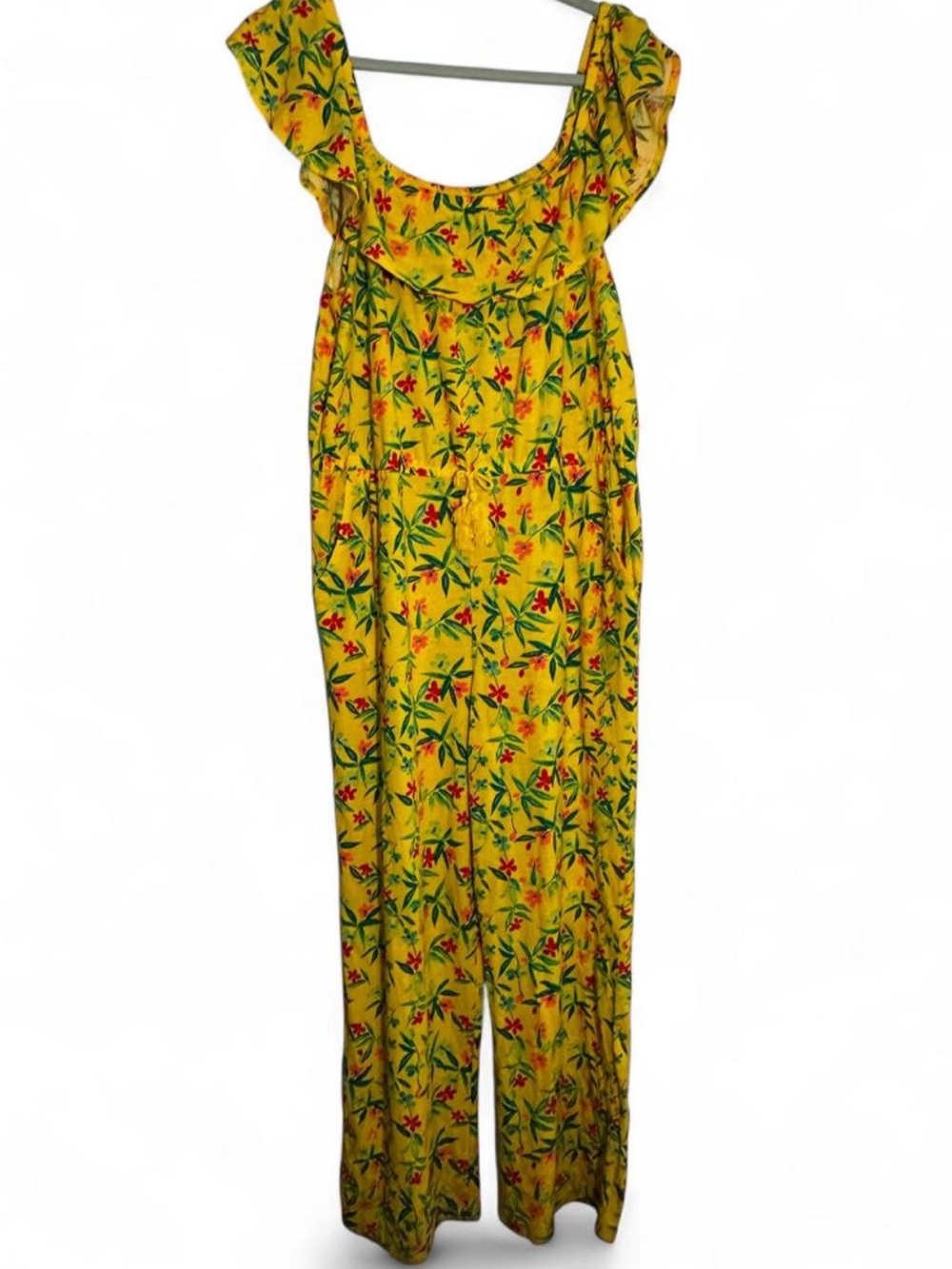 Arizona Jean Company Plus Size Yellow Floral Ruffle-Neck Jumpsuit